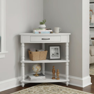 3-Tier Wooden Corner Side Table with Drawer and Open Shelves