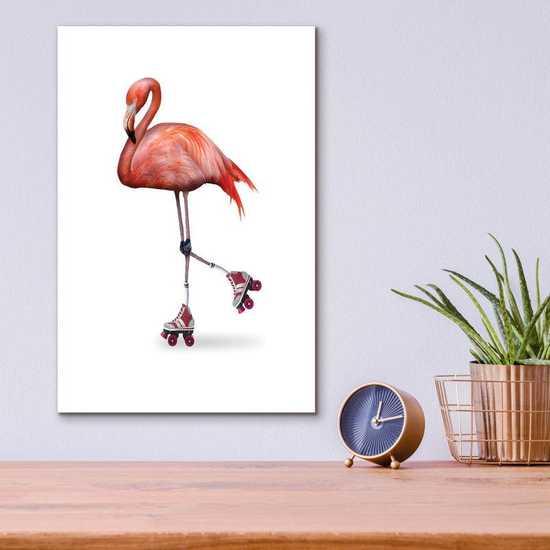  «Flamingo Roller Skating» par John Hovenstine, art mural en verre acrylique, 12 po x 16 po