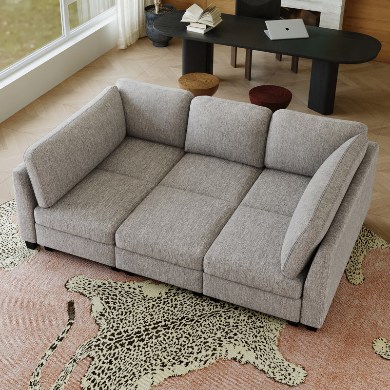 3-Seater Modular Sofa Chaise Lounge, Frostvelvet Upholstery Sofa Bed, Gray Polyester Blend, 35.4" H x 86.2" W x 45.7" D