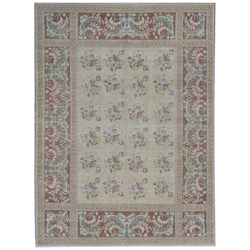 Tapis beige et rouille de haute qualité noué à la main