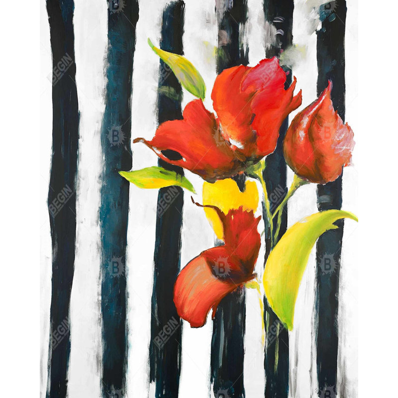 Fleurs sur rayures noires et blanches - Toile de chambre tendance