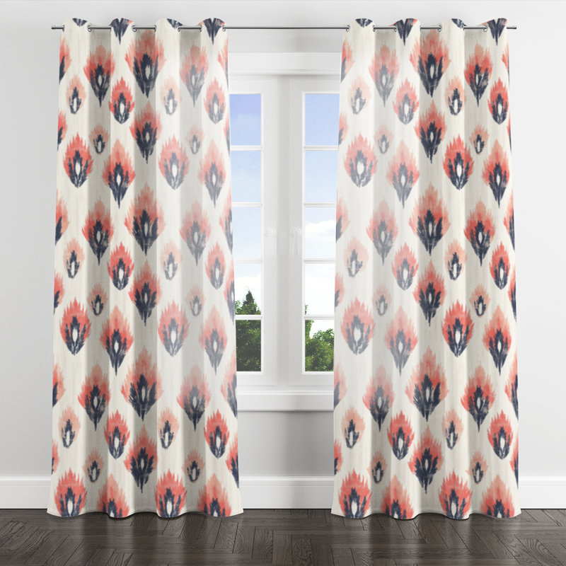 French Country Room Darkening Curtains - Red Garden Ikat Grommet Curtain - 1 Panel, 52" W x 90" L, Silver Grommets