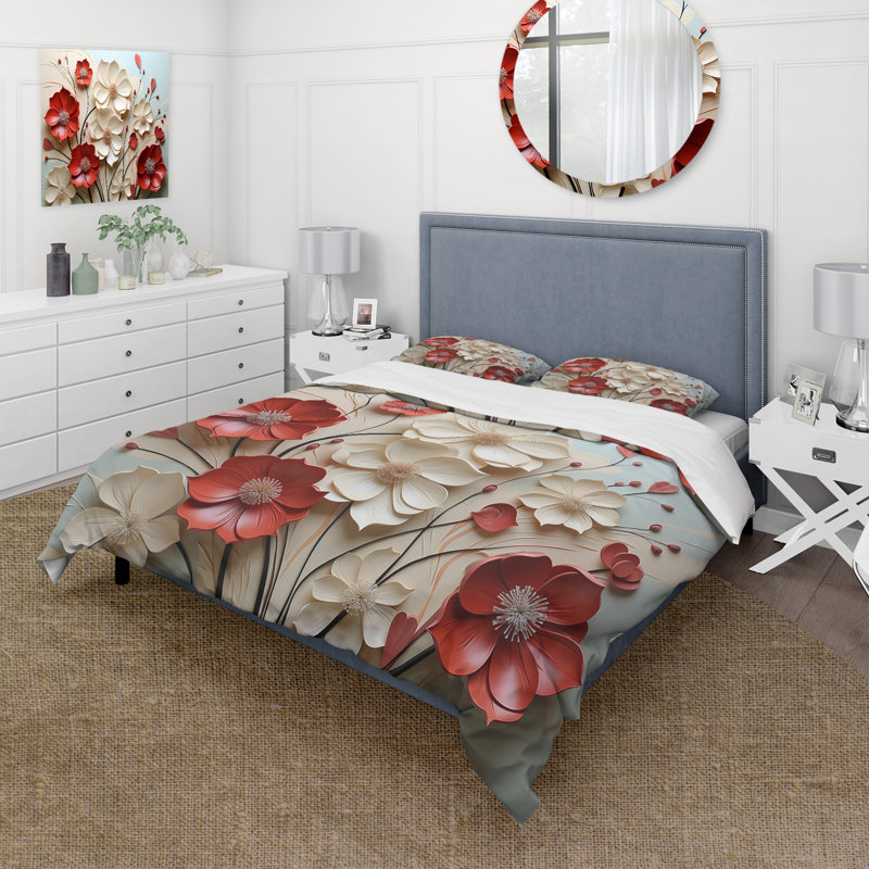 Ensemble de housse de couette rouge et blanc Crimson Flower S Embrace - Flower