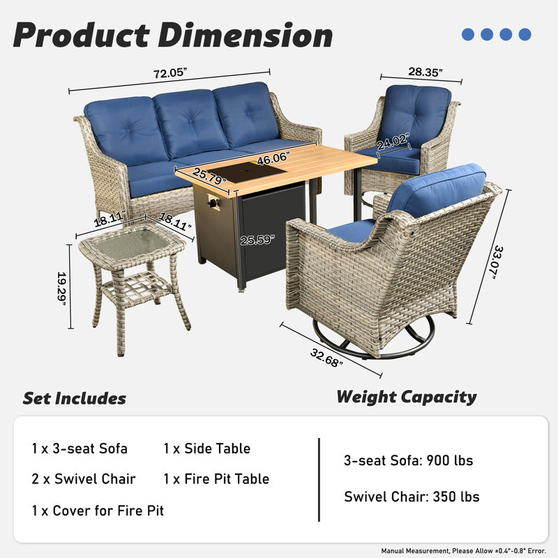 5 - Person Patio Furniture Set with Swivel Rockers, Outdoor Wicker Rattan High Back Seating Group with Cushions, All Weather Sofa Conversation Set with Fire Pit Table for Garden Backyard