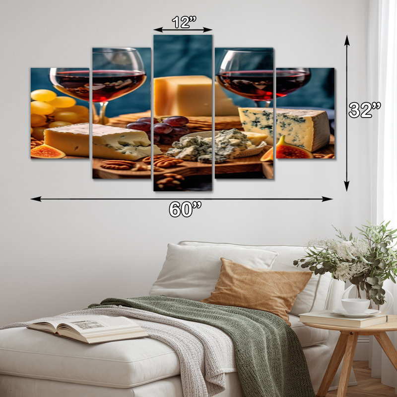 Gourmet Wine and Cheese Perfection I - Impression sur toile vin et champagne - 5 panneaux