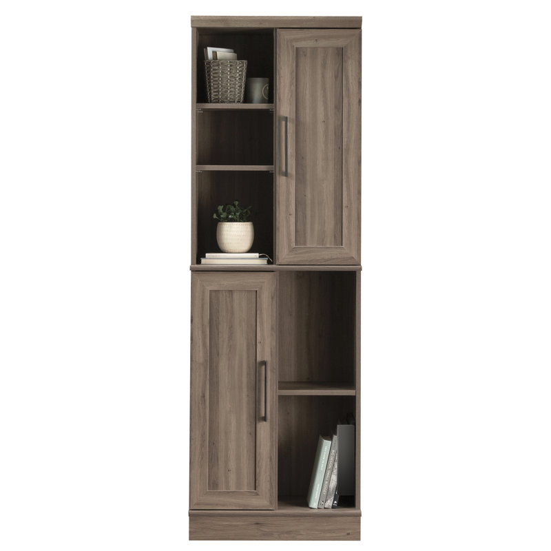 Armoire de rangement polyvalente, brun gris, usages multiples, tablettes réglables, portes, base, taille compacte, assemblage simple, zones, construction, organisation facile et flexible