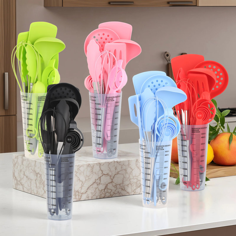 Ensemble de 16 ustensiles de cuisine en silicone - Ustensiles de cuisine pour cuisiner avec des poignées en silicone complètes Comprend un ustensile de cuisine à tasse à mesurer