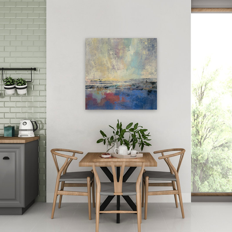 Vue de bord de mer I avec art abstrait beige, H 32 po x l 32 po