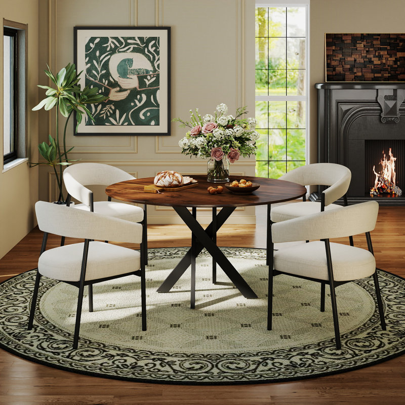 Ensemble de table de salle à manger ronde en bois avec fauteuil, table de cuisine avec base à piédestal et chaises en chenille pour petits espaces