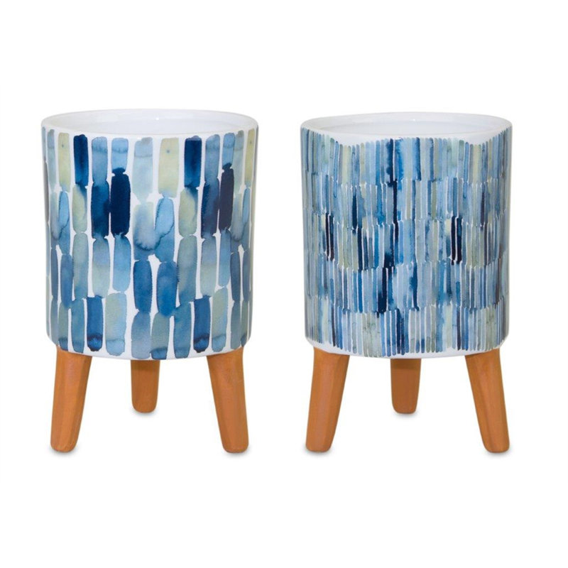 Ensemble de deux pots à fleurs surélevés ronds en terre cuite bleue et en céramique blanche de 2 onces