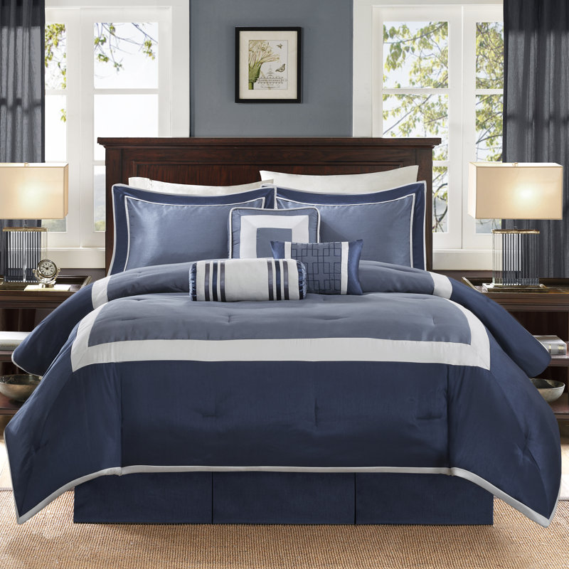 Genevieve 7 Piece Comforter Set, California King Comforter + 6 Additional Pieces, Navy/Blue Gray Polyester