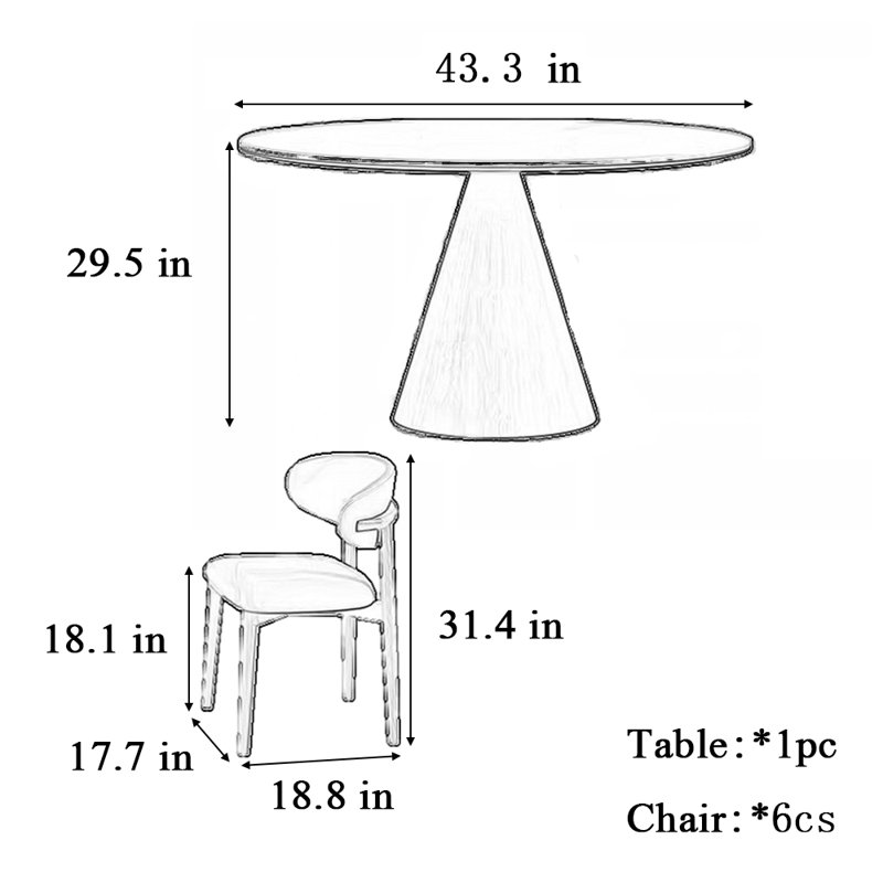 Table à manger ronde de style rétro et chaise, H 29,50 po x L 43,30 po x l 43,30 po