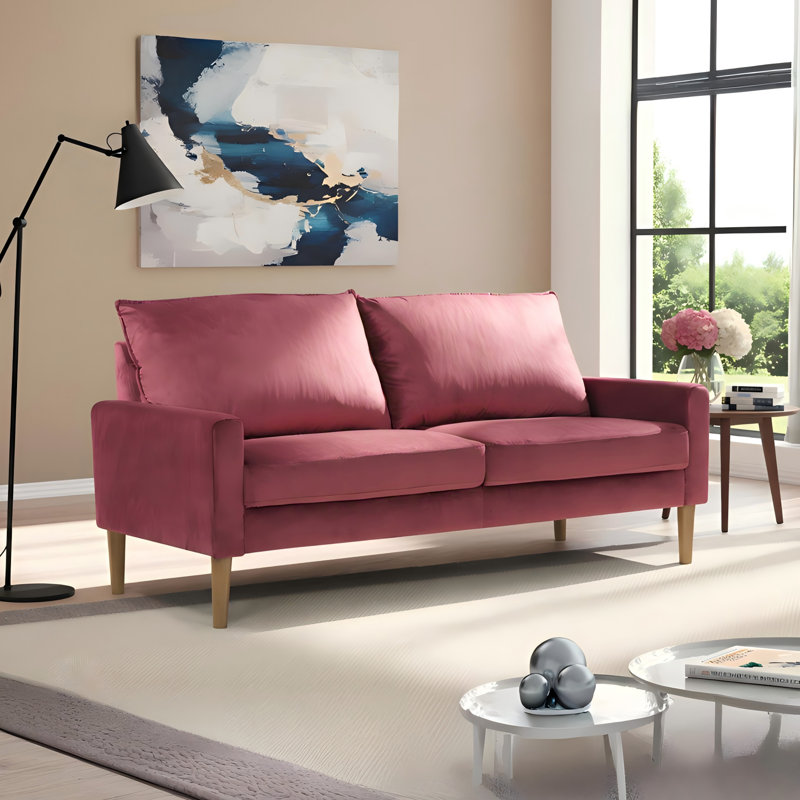 Canapé moderne en velours minimaliste avec support à ressorts hélicoïdaux, Burgundy Velvet, Wood