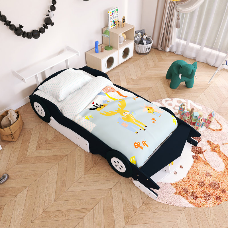 Lit plateforme de course en bois simple avec roulettes, Lit simple, Noir