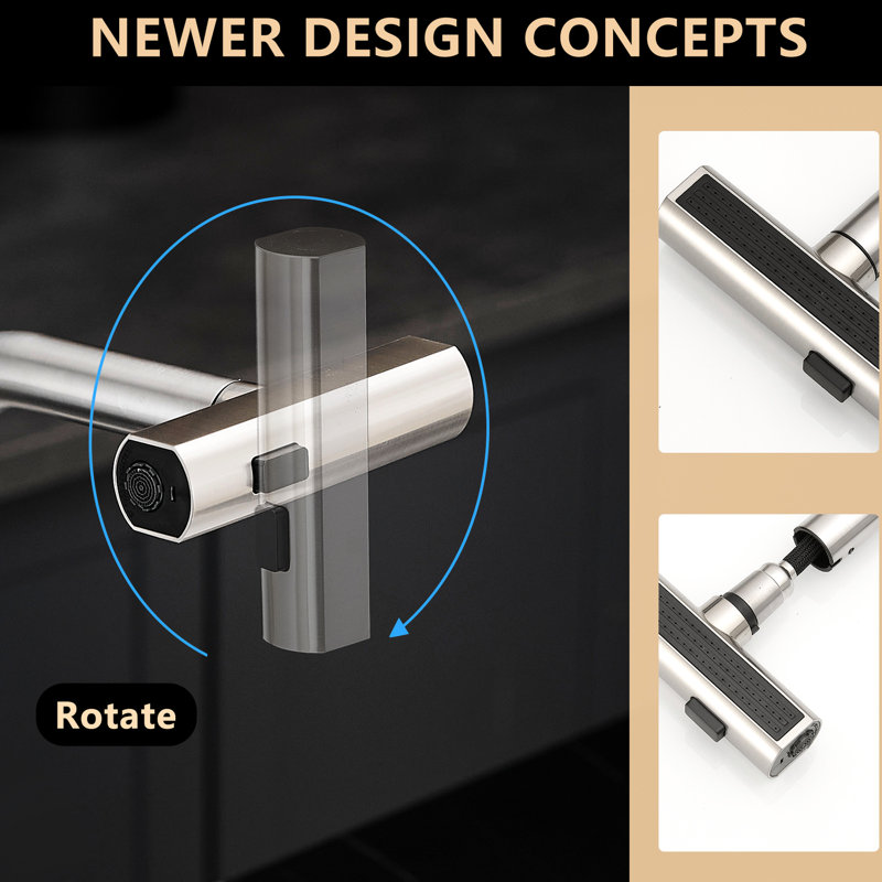 Robinet de cuisine en acier inoxydable doré brossé avec douchette extractible et évier moderne haute performance