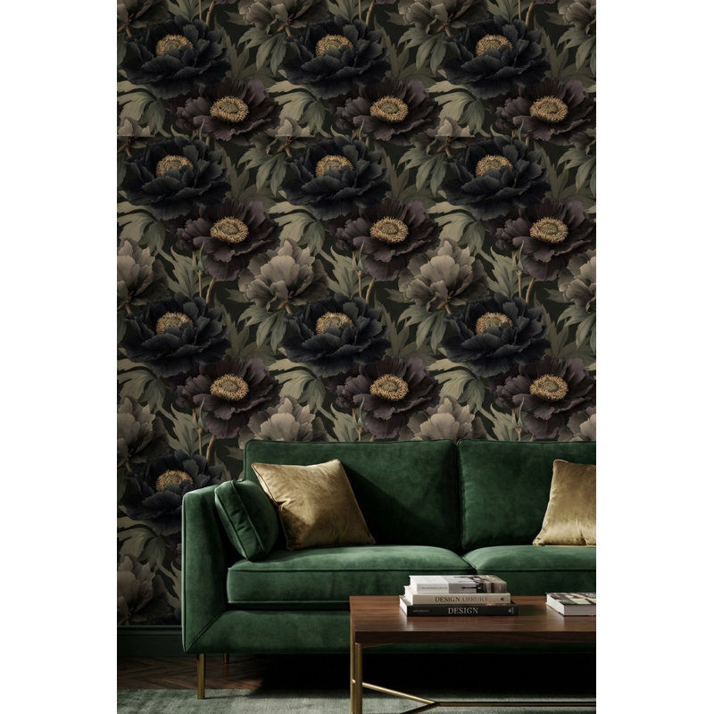 Papier peint floral foncé Moody Botanical, Non-collé