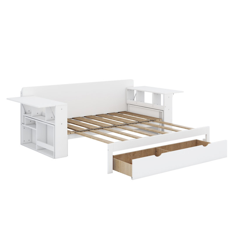 Lit de jour avec bureau amovible, tiroirs de rangement et table d'appoint hydraulique, Complet/Double, Blanc