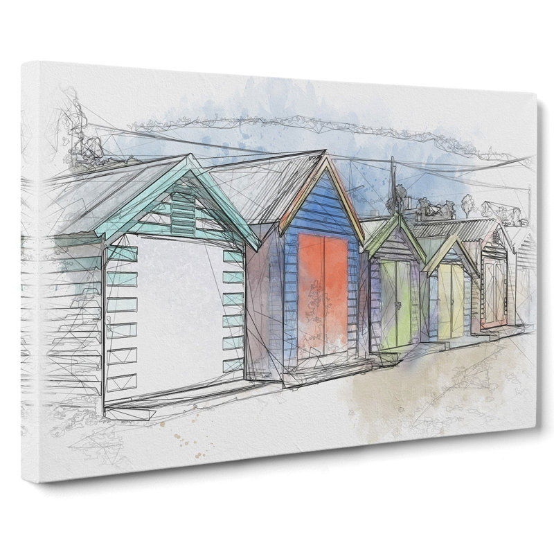 Colourful Beach Huts Sketch - Wrapped Canvas, 60cm H x 91cm W x 3cm D