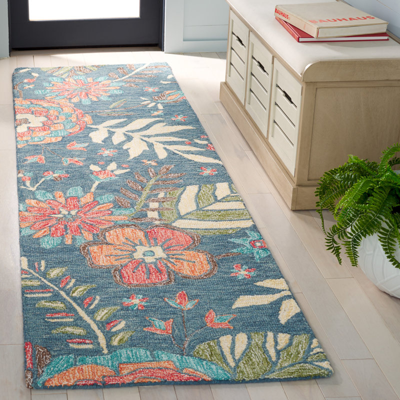 Jardin Handtufted Wool Cotton Floral Rug in Blue/Green, Runner 2'3" x 8'