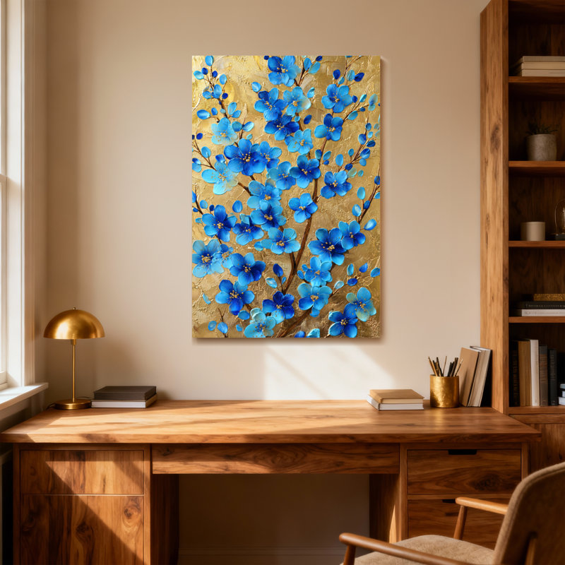 Plantes et fleurs fleurs bleues sur fond doré, H 20 po x l 30 po