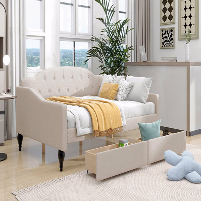 Full Upholstered Tufted Daybed Frame, 2 Drawers