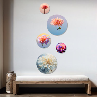 Blue Dahlia Flower Minimalism - Dahlia Dahlia Round Wall Art Set Of 5
