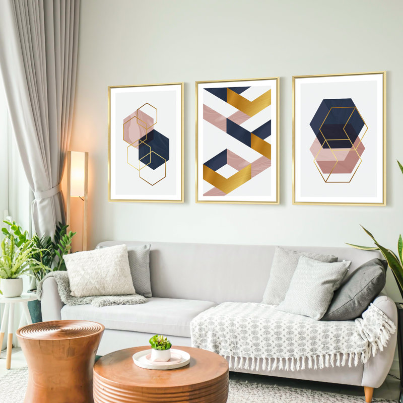 Abstrait moderne - ensemble de 3 reproductions de photos sur toile, H 16 po x l 36 po x P 1,5 po, Or