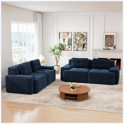 Ensemble de 2 canapés à deux places, ensemble de canapé rembourré en velours côtelé avec motif capitonné, aucun assemblage requis pour le salon appartement studio, bleu