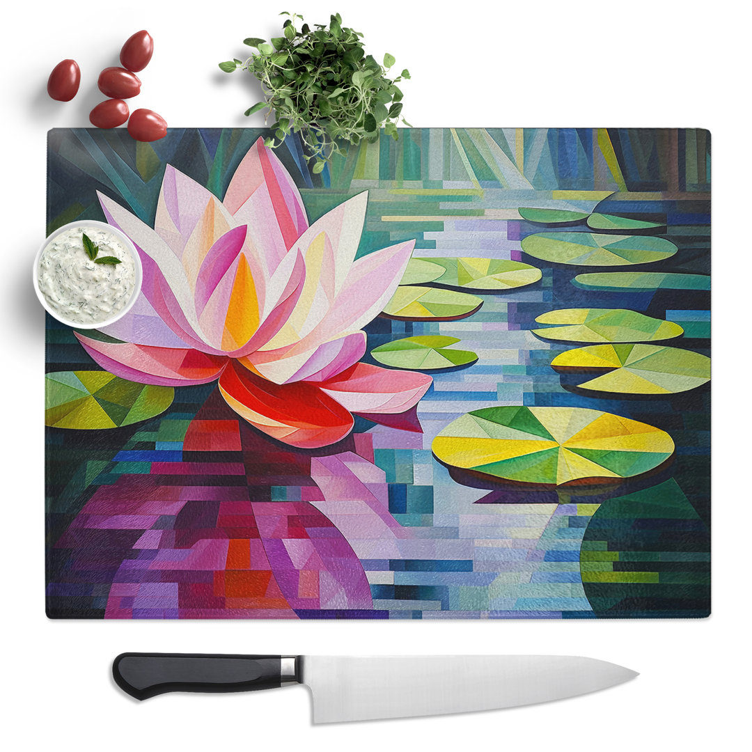 Water Lily Cubism No.3  Glass Chopping Board