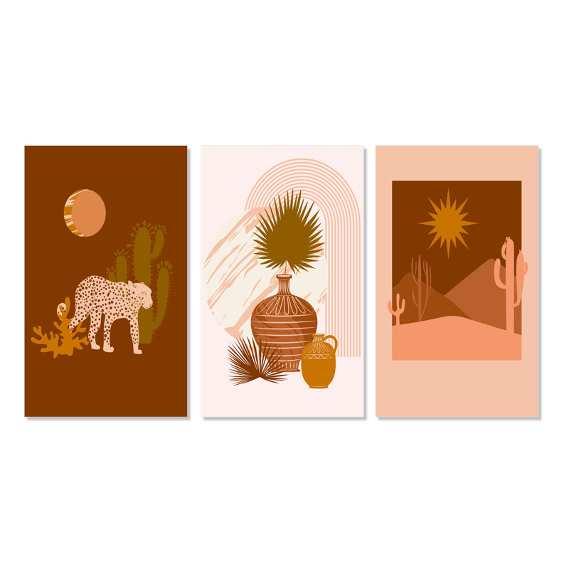 Tropical Boho Wildlife Decor III - ensemble d'art moderne Mid-Century de 3 pièces, H 28 po x l 36 po