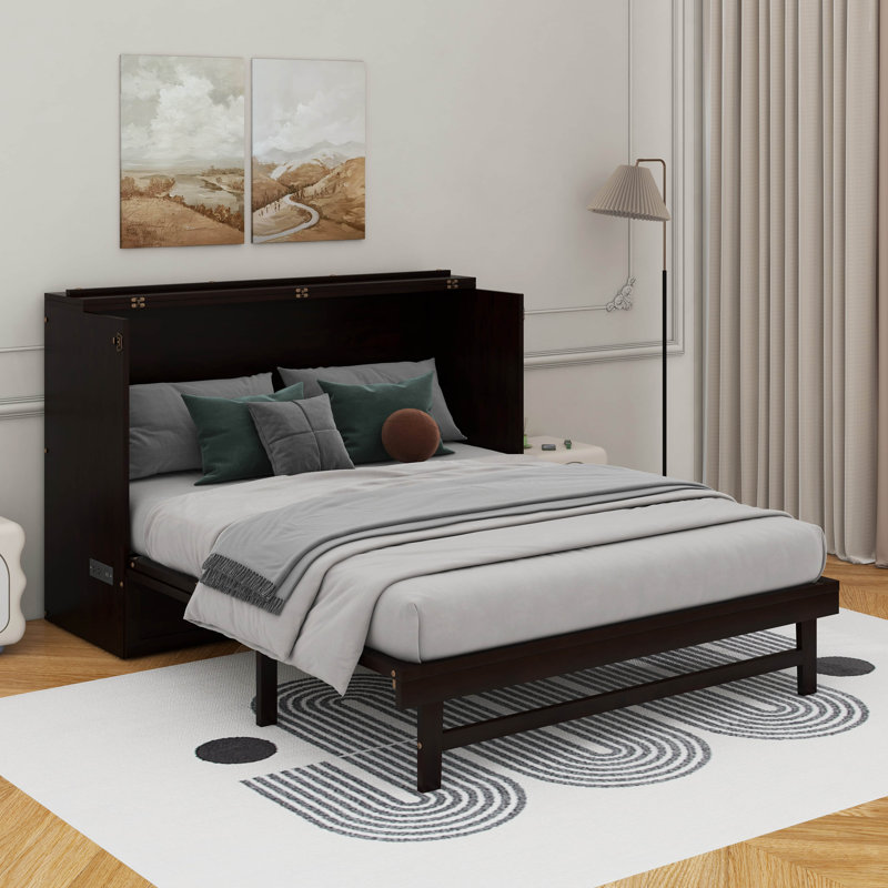 Grand lit escamotable avec centrale électrique et panneau de décoration en rotin, Espresso