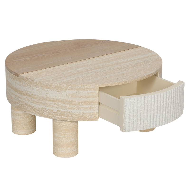Table basse ronde avec plateau rabattable et compartiment de rangement caché
