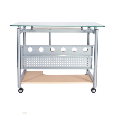 Bureau d'ordinateur à roulettes Techni Mobile, verre et argent
