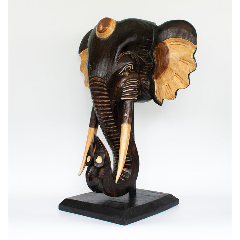 Statue de buste d'éléphant en bois en forme de buste sur socle Sculpture sculptée à la main Décoration artisanale faite à la main