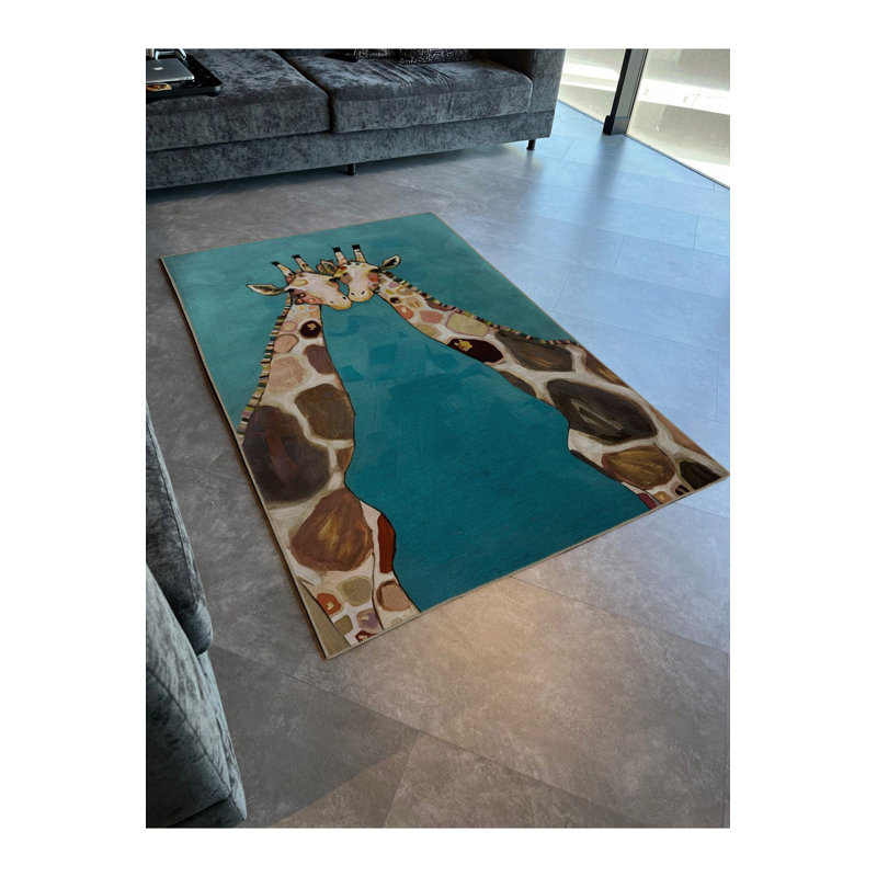 Tapis décoratif lavable moderne à motif girafe bleu, Rectangle 4 pi 7 po x 6 pi 7 po