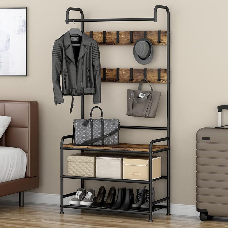 3-In-1 Hall Tree Coat Rack With Shoe Bench And Storage, Heavy-Duty MDF And Metal Frame Entryway Organizer, Industrial Style Furniture, Rustic Black