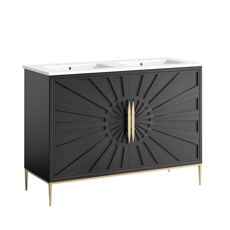 Awaken 48" Black and White Double Sink Bathroom Vanity with Gold Accents