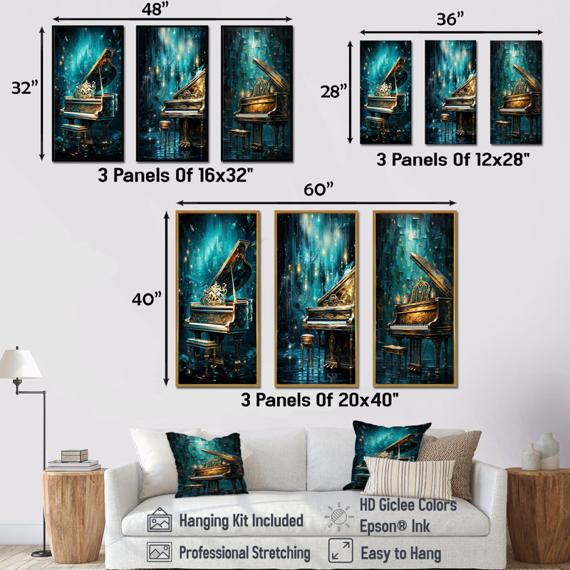 Ensemble de 3 décorations murales Blue Piano, H 28 po x l 36 po, Cadre flottant blanc