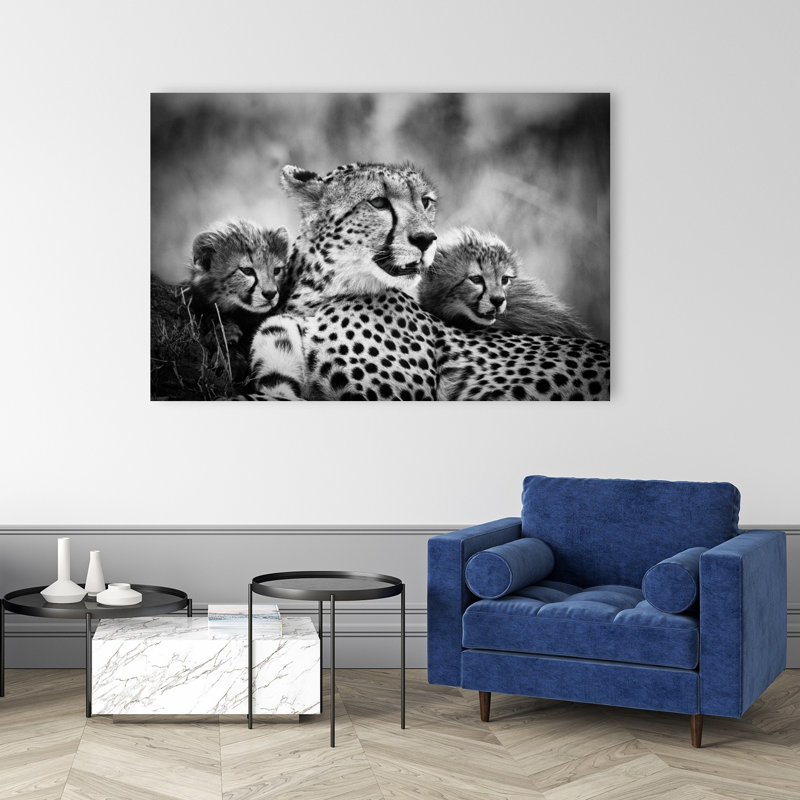 Cheetah Mother And Cubs Serene Contemporary Cat Animal Nature Wall Art Print 1 Piece Wrapped Canvas Wall Art