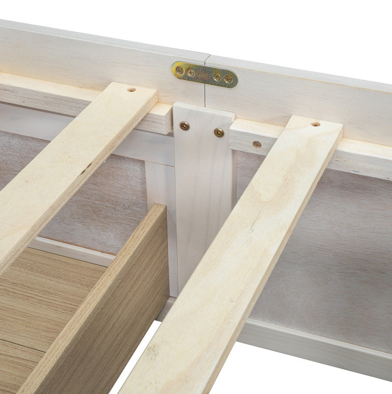 Grand lit plateforme avec 6 tiroirs de rangement, blanc antique, Blanc, Grand lit