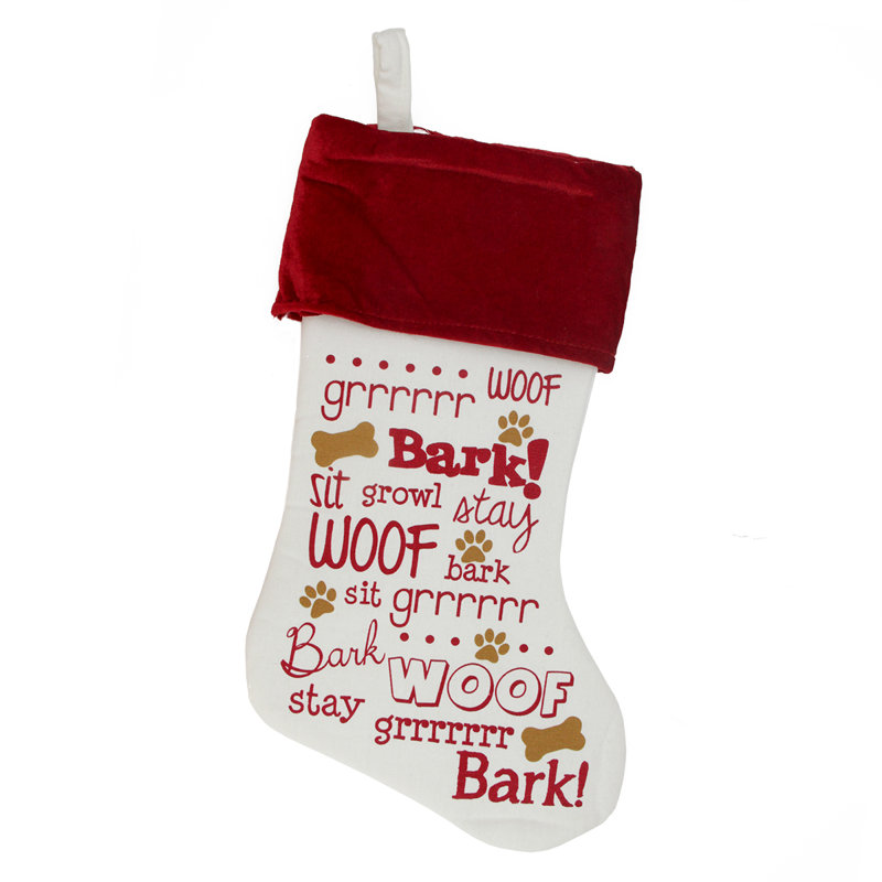 Chaussette de Noël 18 po blanc cassé rouge et brun à imprimé chien