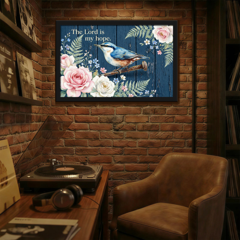 Texte et chiffres, oiseaux bleus, roses, roses, fond floral, H 20 po x l 30 po