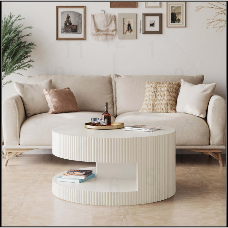 31.5'' Round Coffee Table with Storage, Vertical Stripe Design for Living Room and Bedroom, White