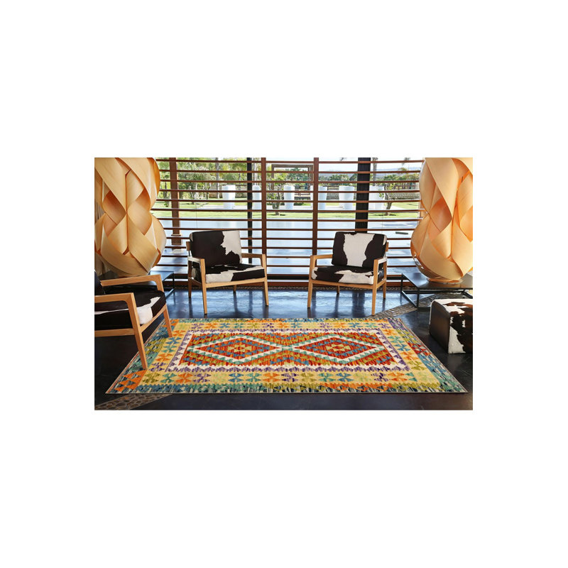 Tapis jaune lavable à motif de losanges colorés, Sous-tapis rectangulaire de 3 pi 3 po x 4 pi 11 po