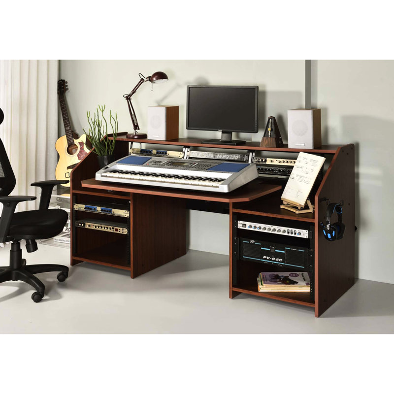 Bureau de musique rectangulaire en cerisier pour les réalisateurs, 2 compartiments ouverts, 1 tablette au-dessus, écouteurs, trous pour câbles, fixation pour trous de vis, plateau coulissant et pédales à crochets latéraux