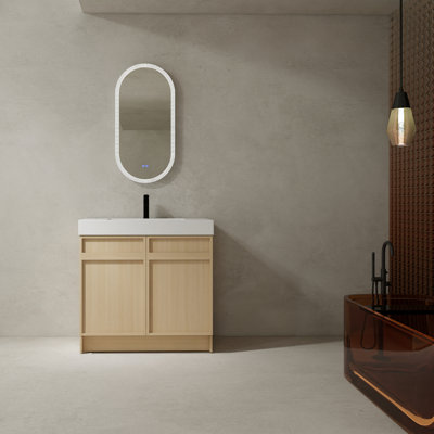 Meuble-lavabo de 36 po avec lavabo en résine. Portes d'armoire à fermeture en douceur de style contemporain. Lavabo autoportant en contreplaqué. Base moderne 2