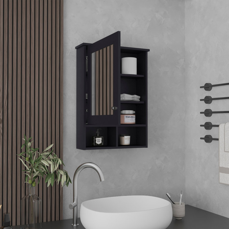 Bathroom Mirror Cabinet with Three Hidden Shelves and Two Open Shelves, Black