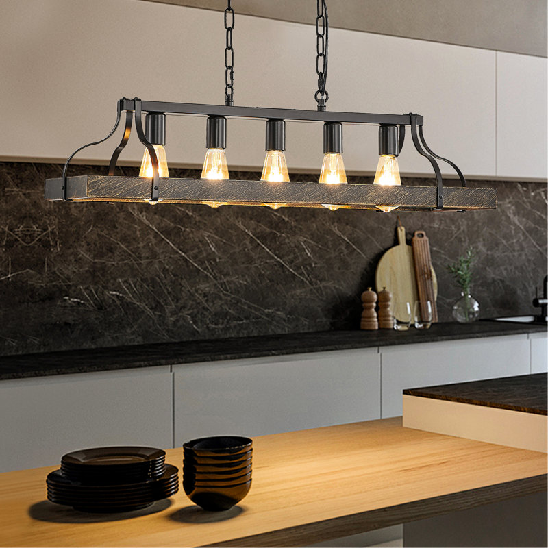 Luminaire suspendu vintage en or noir 34 pouces - 5 douilles E26, chaîne réglable pour la salle à manger et le salon avec îlot de cuisine