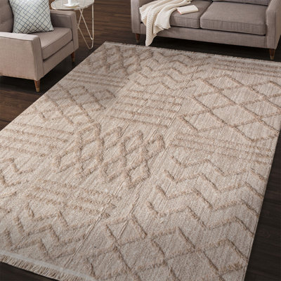 Tapis beige en polyester tissé à la machine à motif géométrique classique Jurjen