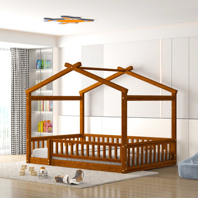 Structure de lit de maison pleine grandeur en noyer pour, construction en pin, espace de jeu et de sommeil, bois de couleur semi-fermé avec clôture, adolescents, construction robuste, repos serein
